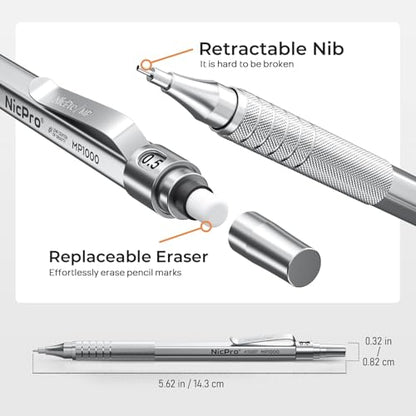 Nicpro 45PCS Black & Silver Metal Mechanical Pencil Set in Leather Case, Art Drafting Pencil 0.5, 0.7, 0.9 mm, 2mm Lead Holders for Sketching Drawing With 27 Tube (6B 4B 2B HB 2H 4H Colors)Lead Refill | Art Drafting Pencil 0.5-0.9 mm, 2mm Lead Pencil Hold