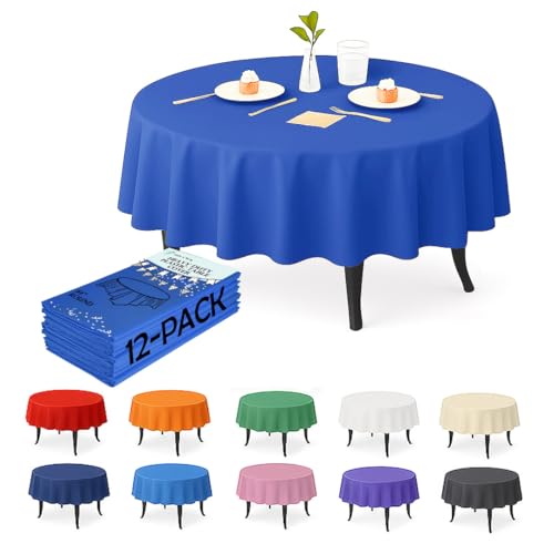12-Pack Royal Blue Plastic Tablecloths – 84 Inch Round Disposable Table Covers, Heavy Duty & Waterproof for Parties, Events, Banquets, Royal Blue - color: Royal Blue, size: 84" Round