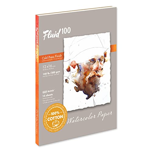 Fluid 100 Watercolor Paper Block, 12 x 16 inches, 15 Sheets, 140 lb (300 GSM) 100% Cotton Cold Press Pad for Artist Painting and Wet Media - size: 12 x 16 (140 lb)