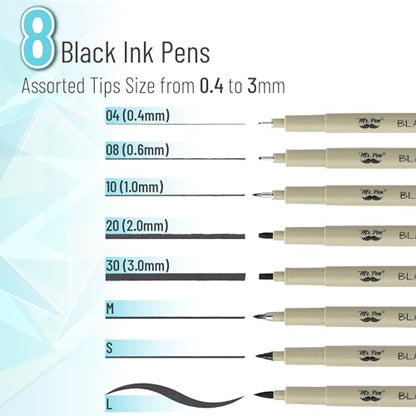 Mr. Pen- Drawing Pens for Artists, 8 Pack, Black Multiliner, Artist pens | Micro Pens for Drawing, Ink Pens for Drawing, Sketch Pens, Micro Pen, Fineliner Pens, Bible Journaling Pens - size: 8 Tip Sizes(0.4 to 3 mm)