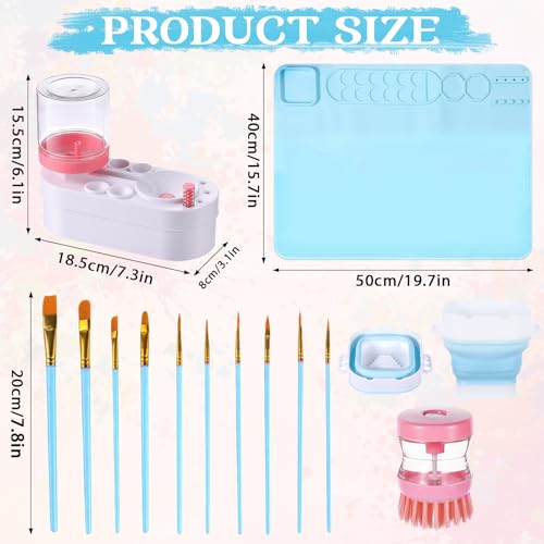 Painting Station Paint Brush Cleaner 20"X16" Silicone Paintings Mat with Cup and Paint Holder 10 Paintings Brushes Children's Painting Set Art Supplies for Kid School Gifts DIY Crafts (Blue Pink) - color: Blue Pink
