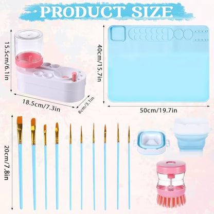 Painting Station Paint Brush Cleaner 20"X16" Silicone Paintings Mat with Cup and Paint Holder 10 Paintings Brushes Children's Painting Set Art Supplies for Kid School Gifts DIY Crafts (Blue Pink) - color: Blue Pink