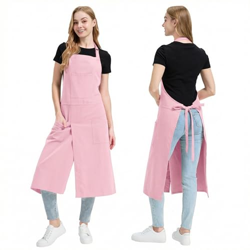 Molaxhome Split Pottery Apron with 3 Pockets Unisex with Adjustable Strap | Cotton Blend,Kitchen Apron,for Ceramics,Gardening,Kitchen Cooking - color: Pink