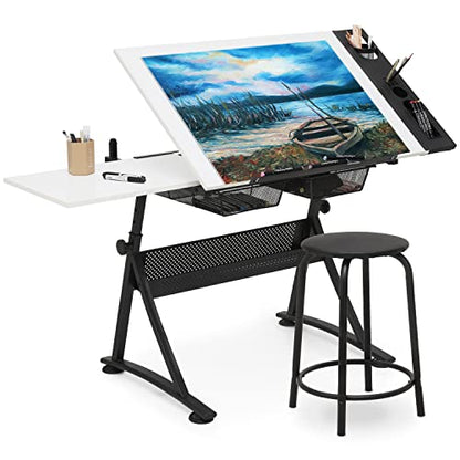 Art Deco Drafting Table, Height-Adjustable, Tiltable Tabletop, Stool for Reading Writing Painting, Homeschooling Desk for Children with 2 Storage Drawers | Stool for Reading Writing Painting, Homeschooling Desk for Children with 2 Storage Drawers，Art Deco