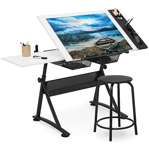 Art Deco Drafting Table, Height-Adjustable, Tiltable Tabletop, Stool for Reading Writing Painting, Homeschooling Desk for Children with 2 Storage Drawers | Stool for Reading Writing Painting, Homeschooling Desk for Children with 2 Storage Drawers，Art Deco