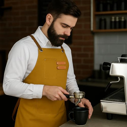 Chef Aprons for Men Canvas Apron with Large Pockets and Adjustable Neck Strap for Cooking,BBQ, Gardening - color: Brown