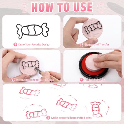 Innconee 24 Pcs Rubber Stamp Carving Blocks Pink Rubber Carving Blocks Round Square Rectangle Making Kit for Stamp Crafts and DIY Project