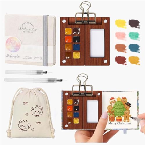 Mini Watercolor Paint Set – Travel Watercolor Set with 8 Color Palette, 230g Sketchbook, Water Brushes, Clip & Storage Bag, Pocket Size Portable Water Color Kit for Artists, Students & Beginners - color: Yellow 8 Colors