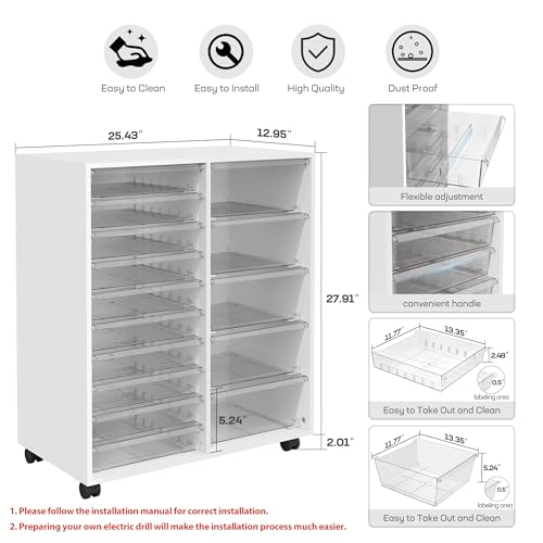 WOPITUES Mobile Storage Cabinet with 15 Clear Drawers, Modern White - color: White, size: 10M+5L