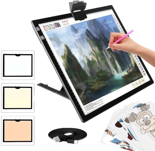 YINGWOND Wireless Rechargeable A3 LED Light Pad w/Built-in Foldable Stand, 3 Color Tone, 6 Levels of Brightness, Battery Powered Evenly Illuminated Light Box for Tracing Drawing and Diamond Painting - style: Rechargeable-A3 Black