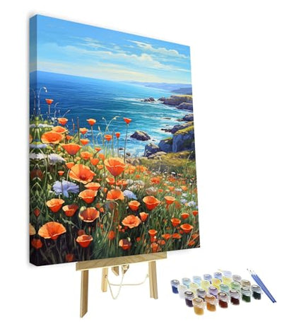 TUMOVO Paint by Number for Adults Flowers Sea Landscape Paint-by-Number Kits Poppies Ocean Adult Paint by Number Sea View DIY Painting by Numbers for Adults Canvas Framed, 16"x20" - color: Landscape(Framed)