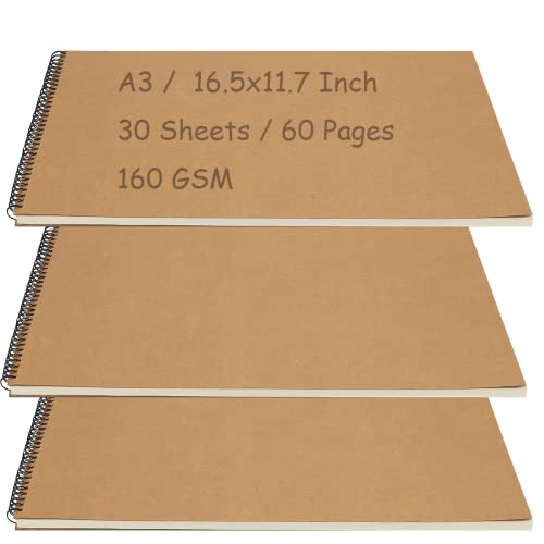 MOUYAT 3 PCS A3 SketchBooks, 60 Pages / 30 Sheets 16.5x11.7 Inch Spiral Bound Drawing Pads, 160gsm Landscape Sketch Pad with Hard Kraft Cover for Arts Crafts Office, Brown