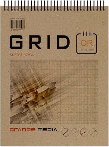 Orange Media Grid Sketchbook. Spiral Bound. Top Spine. Multi-Media. (8.5" x 11") 1/8" Box. (Orange Grid). SB-50100-TS - color: Orange Grid