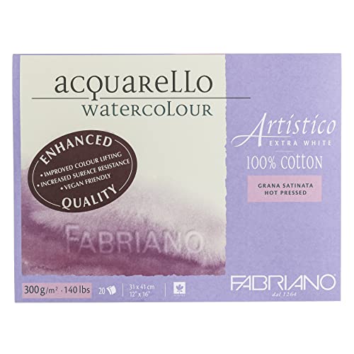Fabriano Artistico Acquarello Extra White Satin Hot Pressed 31 x 41 cm 20 Sheets 300 g/m² Artist Watercolour Card Pad Glued on 4 Sides - size: 12x16