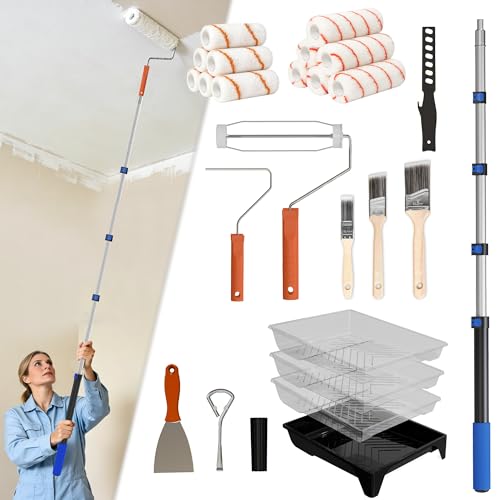 Paint Roller Kit with Extension Pole, 2-4FT Adjustable Pole, Professional 27-Piece Paint Kit, 4"9" Paint Rollers, Paint Brushes for Walls, Works with All Latex, Oil-Based Paints and Wood Finishes - color: Orange