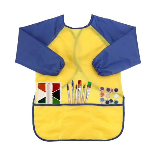 Kids Art Smocks,Colorful Toddler Painting Apron Waterproof Artist Smock with Long Sleeve and 3 Pockets for Kids 3-7 - color: Yellow