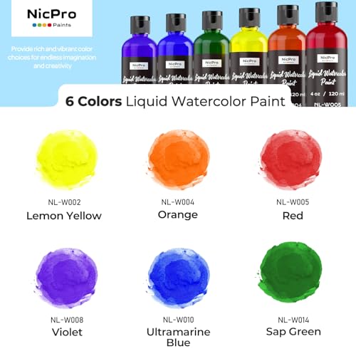 Nicpro 6 Colors Liquid Watercolor Paint Set, 4oz Non-Toxic Water Colors - color: 6 Colors, size: 4 Fl Oz (Pack of 6)
