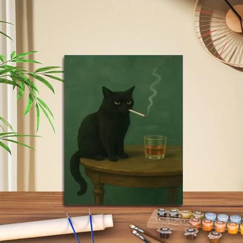 Cat Paint by Numbers Animals DIY Black Cat Painting On Canvas 16 x 20 inch | by Number Smoking Cat in Stained by Numbers Kit for Adults Beginner,Acrylic Simple Oil Paint by Number Kits,Home Wall Decor - color: HL6641