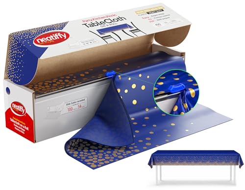Neatiffy Disposable Plastic Table Cloth Roll with Slide Cutter | Waterproof Cover for Rectangle, Square, Oval Tables | Picnic, Party, Banquet, Birthdays, Weddings - Blue with Gold Dots - color: Blue Gold Dots, size: 54 inches X 100 feet