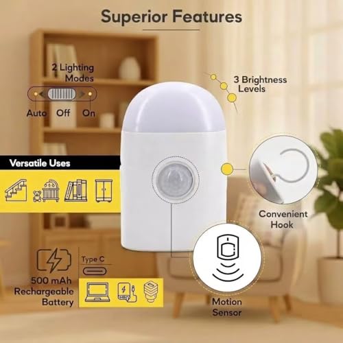 Motion Sensor LED Night Light,Warm White Dimmable Rechargeable Stick & Hook - style: 1 Pack