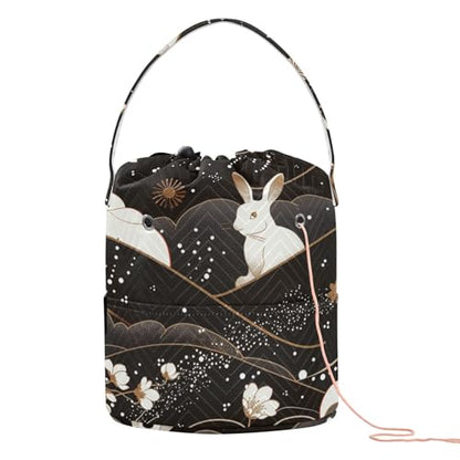 Bunny Chinese Style Yarn Bag Small Crochet Bag Drawstring Yarn Storage Organizer Knitting Project Bags Potable Yarn Holder with Holes Handle Crocheting Needles Knitting Accessories - color: Bunny Chinese Style