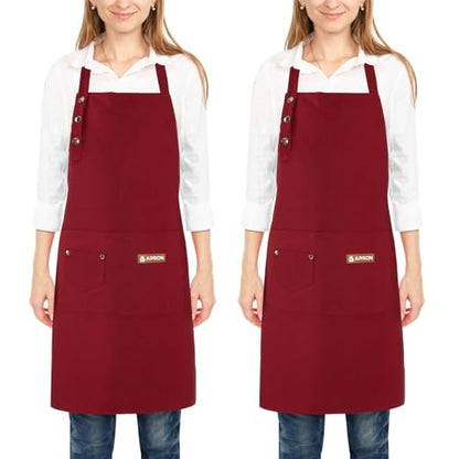 2 Pack Kitchen Cooking Aprons, Adjustable Bib Soft Chef Apron with 2 Pockets for Men Women - color: Red