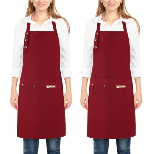 2 Pack Kitchen Cooking Aprons, Adjustable Bib Soft Chef Apron with 2 Pockets for Men Women - color: Red