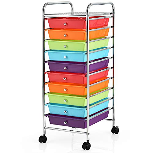 Giantex 10 Drawer Rolling Storage Cart Scrapbook Paper Office School Organizer - color: Red+Orange+Green+Blue+Purple, size: 10 Drawer-13"x15"x34"