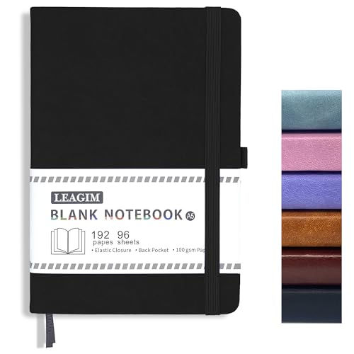 Blank Journal Notebook, A5, 192 Pages 100 GSM Thick Sketch Book for Women Men, Hardcover Leather Unlined Journaling for Work, Notebooks for Writing, 5.8 inches x 8.5 inches (Black) - color: Black, style: a-Blank