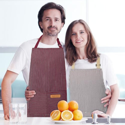 VALOME 2 Pack Kitchen Aprons with Pockets, Cooking Chef Apron for Men Women | Adjustable Neck Strap, Unisex Bib Soft Aprons, Cotton-Blend, for Grilling Cooking Gardening Baking - color: Brown & Red