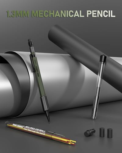 Four Candies 1.3mm Mechanical Pencil Set with 24 Lead Refills, Metal Weatherproof Heavy Duty Outdoor Carpenter Pencil, Eraser, 6 Eraser Refills for Architect Drafting Woodworking Marking with Case - size: 1-Pack, style: Olive Green