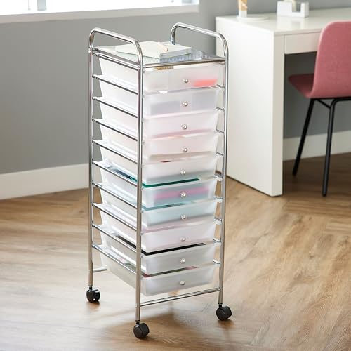 Simply Tidy 10 Drawer Clear Rolling Cart - Mobile Organizer with Removable Drawers, Swivel & Locking Casters, Durable Tubular Frame - 1 Set - color: Clear