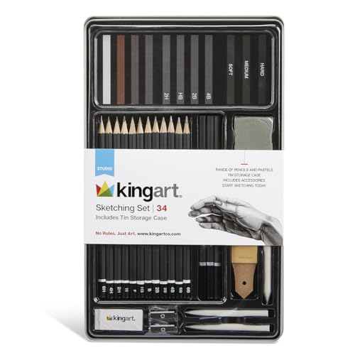 KINGART® Studio Sketching Set, 34 Piece Sketching Tools and Detailing Accessories, Art Supplies for Professional, Student, and Hobbyist Drawing