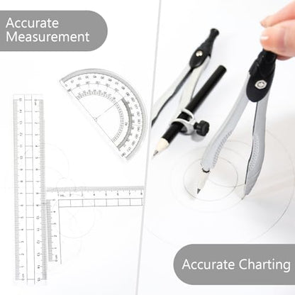 SAYEEC Geometry Set, 10 Pcs Math Protractor Compasses Kit with Ruler, Triangles, Eraser, Sharpener, Lead Refills, Pencil, Storage Box, Drafting Drawing Tools for Architects Engineers Artists