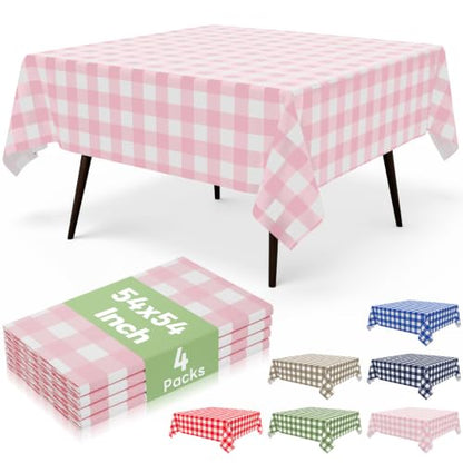 misaya 4 Packs 54 x 54 Inch Buffalo Disposable Table Cloth, Waterproof Plastic Tablecloth, Square Pink and White Checkered Table Covers for Picnic, Birthday, Party, Back to School - color: Pink and White, size: 54" X 54"
