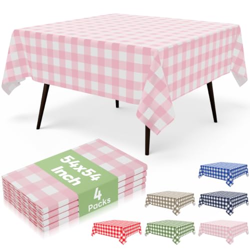 misaya 4 Packs 54 x 54 Inch Buffalo Disposable Table Cloth, Waterproof Plastic Tablecloth, Square Pink and White Checkered Table Covers for Picnic, Birthday, Party, Back to School - color: Pink and White, size: 54" X 54"