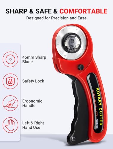 45mm Fabric Rotary Cutter with 5 Extra Blades, Ergonomic Handle | 45mm rotary cutter with five extra blades, ergonomic grip and safety lock for quilting, sewing, leather and crafts.