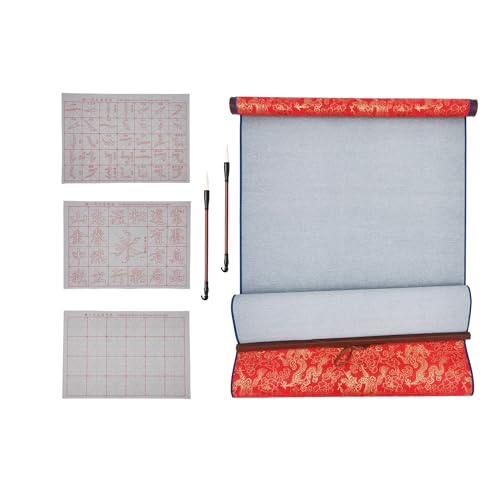 Ellkee 4 Pcs Reusable Chinese Calligraphy Water Writing Cloth, Inkless Calligraphy Practice Paper with 2 Brushes, Water-Based Writing Cloth for Beginners (6 Items) (Red)