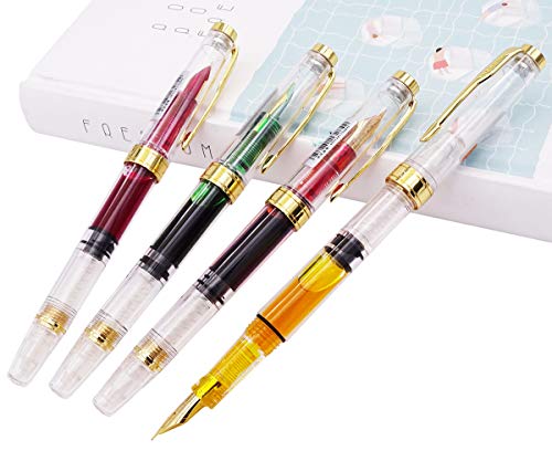 Lanxivi Yongsheng 3011 Demonstrator Clear Classical Fountain Pen Fine Nib Arrow Clip, Piston Filling System, Gold Trim, Set of 4 Pieces in transparent Color - color: 3011, F