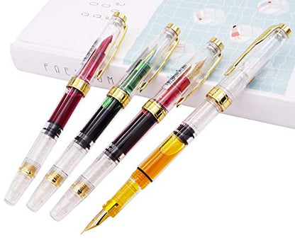 Lanxivi Yongsheng 3011 Demonstrator Clear Classical Fountain Pen Fine Nib Arrow Clip, Piston Filling System, Gold Trim, Set of 4 Pieces in transparent Color - color: 3011, F