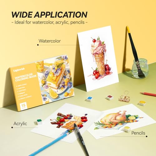 Lightwish Watercolor Coloring Book for Adults & Beginners,100% Cotton 300gsm/140lb Acid-Free Cold Press Paper, 8.3 x 5.6 Inches,15 Sheets,Food-Themed - color: Food-Themed