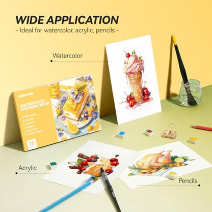 Lightwish Watercolor Coloring Book for Adults & Beginners,100% Cotton 300gsm/140lb Acid-Free Cold Press Paper, 8.3 x 5.6 Inches,15 Sheets,Food-Themed - color: Food-Themed