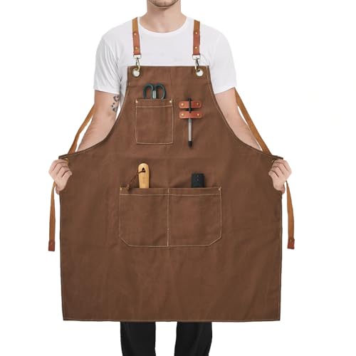 Plus Size Canvas Aprons with 3 Pockets Adjustable Cross Back Strap Unisex | Water Resistant, Men Women, Heavy Duty Work Bib Apron for Men Women Chef Cooking Kitchen Grilling Gardening BBQ Barber Server - color: Brown