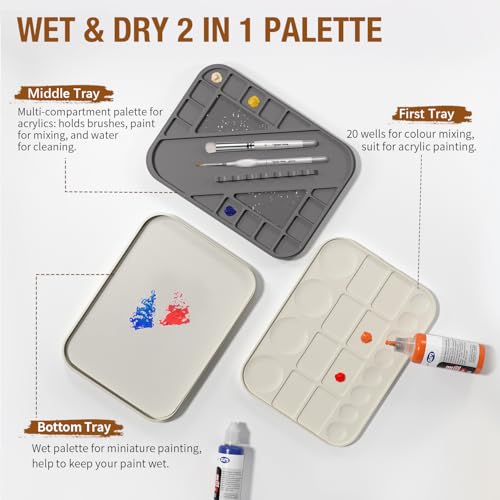 golden maple Wet Pallet for Painting Miniatures 2 in 1 Dry and Wet Palette with Lid, Including 11 Miniature Paint Brushes,100PCS Palette Paper, 4PCS Sponges, Paint Brushes Holders - color: White+Gray