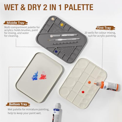 golden maple Wet Pallet for Painting Miniatures 2 in 1 Dry and Wet Palette with Lid, Including 11 Miniature Paint Brushes,100PCS Palette Paper, 4PCS Sponges, Paint Brushes Holders - color: White+Gray