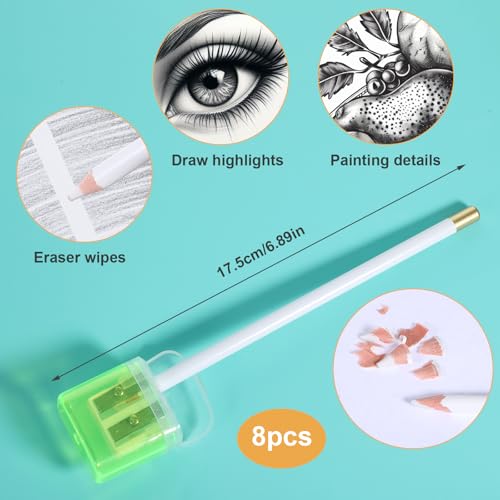 8 Pcs Eraser Pencils Set for Artists, Kneaded Erasers for Artists, Erasers for Drawing Add Highlights and Erase Details for Charcoal Drawings for Students Artists Beginners 6.9 Inch(White)