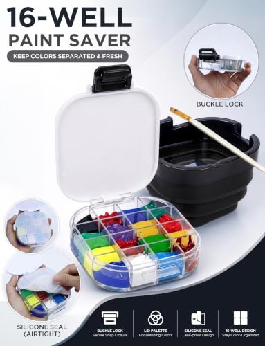 16-Well Airtight Empty Palette Box with Lid & Foldable Water Cup, Black | Compact Travel Design, Refillable Paint Storage Suitable for Guache, Watercolor & Acrylic - color: Black