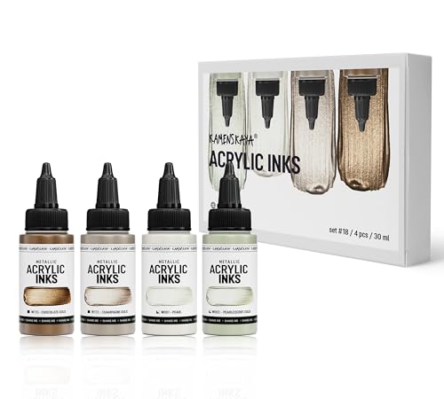 Kamenskaya Acrylic Ink Set – Champagne Pearls – 4 x 1 Fl Oz Bottles - color: Pearl, Pearlescent Gold, Champagne Gold, Champagne Chocolate, style: Metallic