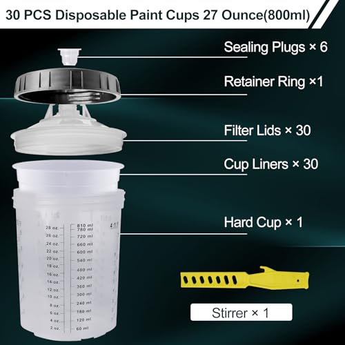 Disposable Paint Sprayer Gun Cup 27 Ounce(800ML) Kit with 30 Cups and Lids System, 1 Hard Cup with Retainer Ring, 6 Plugs, 1 Paint Stirrer for Automotive Commercial Coatings (27 Ounce-30PCS) - size: 27 Ounce-30PCS)