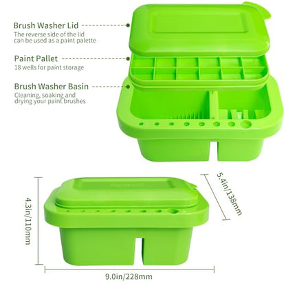 MyLifeUNIT Paint Brush Cleaner, Paint Brush Holder and Organizers with Palette for Acrylic, Watercolor, and Water-Based Paints (Lawn Green) | 18 mixing wells, 16 slots fitting 0.24-0.63 in diameters, 3 washing compartments, removable tray lid - color: Law